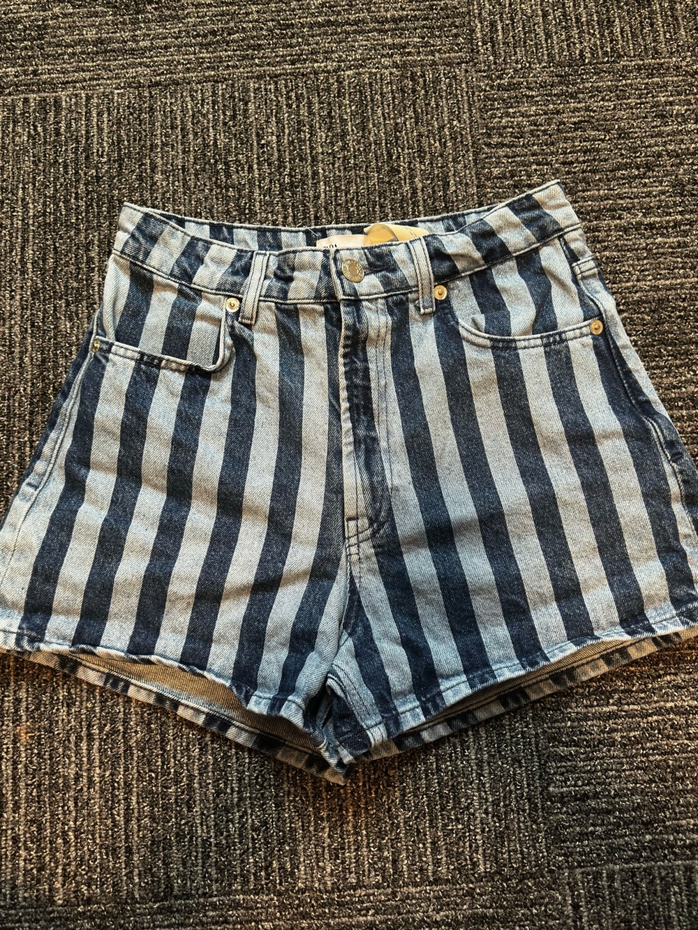 Striped High-Waist Denim Shorts - Blue